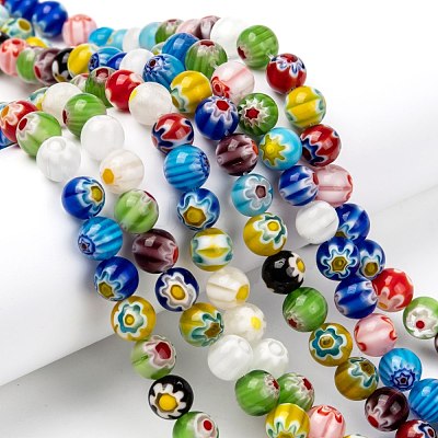 Millefiori Glass Round-Single Flower Bead Strands LK14-1