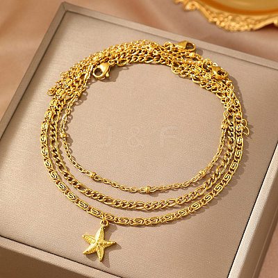 Summer Beach 304 Stainless Steel Starfish Charms 3 Layer Anklets for Women AJEW-F068-01G-1