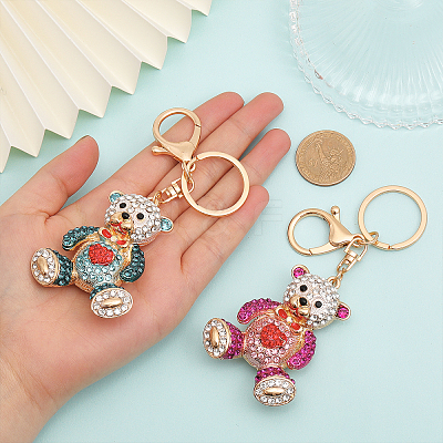 2Pcs 2 Colors Cartoon Heart Bear Rhinestone Pendant Keychain KEYC-CA0001-47-1