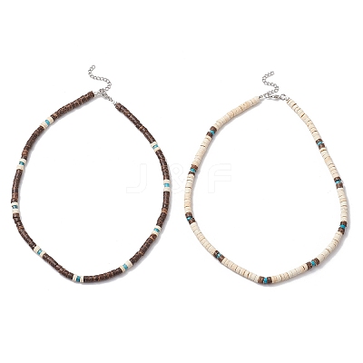 2Pcs 2 Colors Natural Coconut & Natural Magnesite Heishi Beaded Necklaces NJEW-JN05308-1