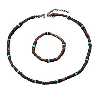 Bohemian Style Coconut Shell with Synthetic Turquoise Rondelle Beaded Necklaces & Bracelets Sets FS-WG8D889-05-1