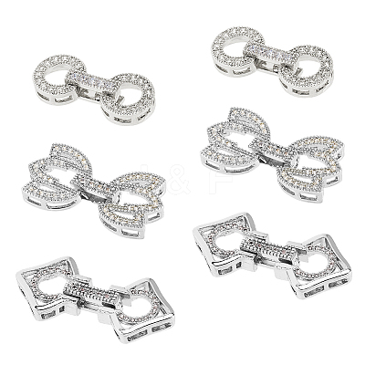 6Pcs 3 Styles Rack Plating Brass Micro Pave Clear Cubic Zirconia Fold Over Clasps KK-HS0001-02P-1