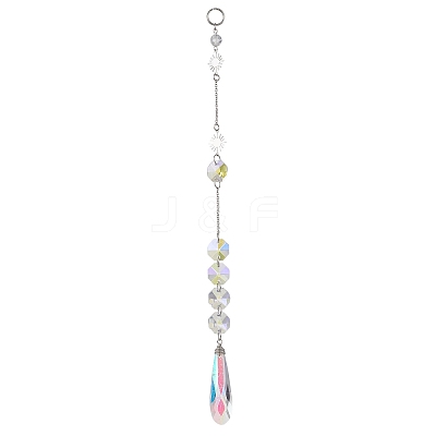 Iridescent Glass Octagon Beads & Teardrop Hanging Suncatchers HJEW-JM04768-1