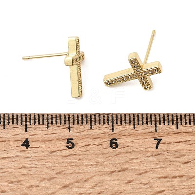 Cross Brass Micro Pave Clear Cubic Zirconia Stud Earrings EJEW-C186-18G-01-1