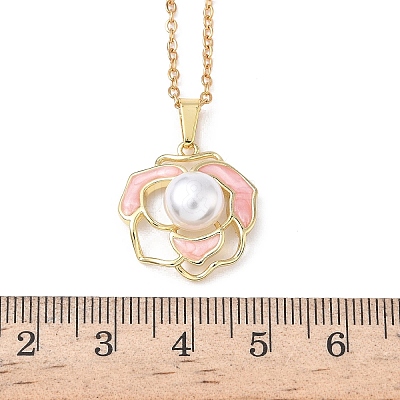 Brass Enamel Pink Flower Pendant 304 Stainless Steel Chain Necklaces for Women NJEW-D341-04G-1