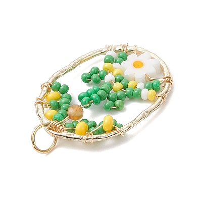 Glass Seed Beaded Oval with Flower Pendants PALLOY-MZ01061-03-1