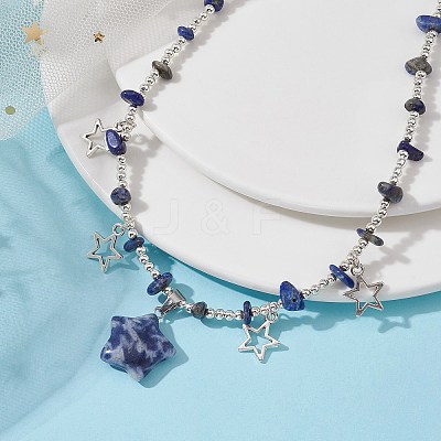 Natural Blue Spot Jasper & Alloy Star Charms Bib Necklace with Chips Beaded Chains NJEW-JN04512-01-1