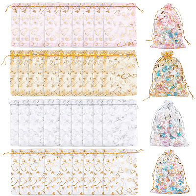 80Pcs 4 Colors Heart Printed Organza Bags OP-BBC0001-50B-1