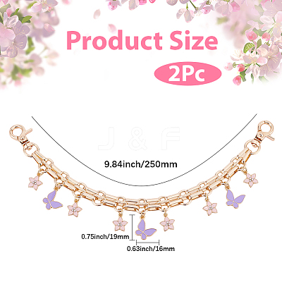 2Pcs Alloy Enamel Lilac Butterfly and Pink Flower Pendant Aluminum Bag Decorative Chains HJEW-BBC0001-38-1