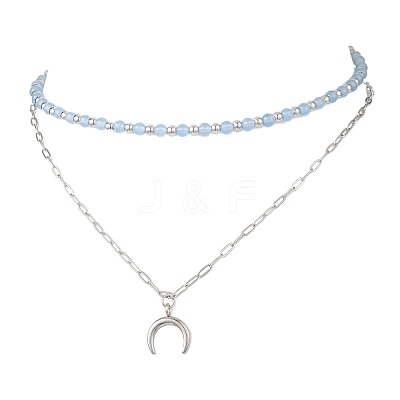 Natural Dyed Malaysia Jade Round Bead 304 Stainless Steel Moon Pendant Double Layer Necklaces for Women NJEW-JN05482-1