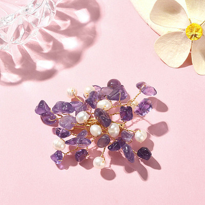Natural Mixed Gemstone Chips & Pearl Beaded Flower Brooch Pin JEWB-BR00098-1