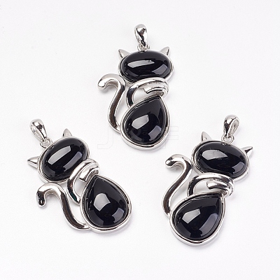 Natural Black Agate Kitten Pendants X-G-G713-B05-1