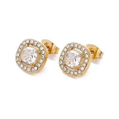 Cubic Zirconia & Rhinestone Square Stud Earrings EJEW-A080-06G-1