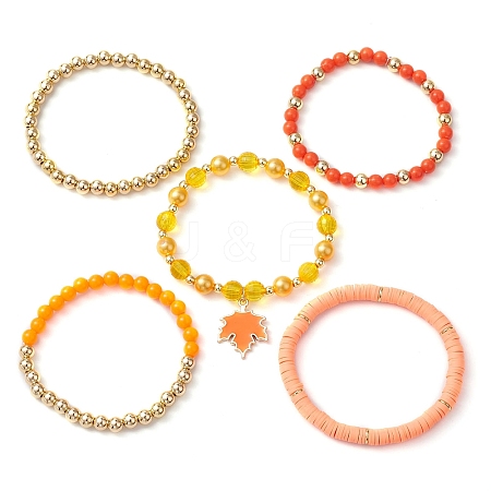 5Pcs 5 Styls Autumn Acrylic & Polymer Clay & Plastic Round Beaded Stretch Bracelet Sets BJEW-JB10972-1