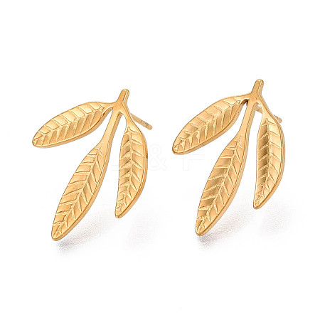Ion Plating(IP) 304 Stainless Steel Leaf Stud Earrings for Women X-EJEW-F300-11G-1