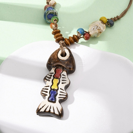 Ceramic Fish Pendant Adjustable Waxed Cord Necklaces for Women NJEW-B146-02-1