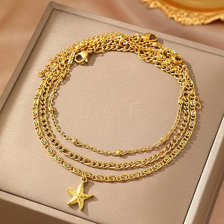 Summer Beach 304 Stainless Steel Starfish Charms 3 Layer Anklets for Women AJEW-F068-01G-1