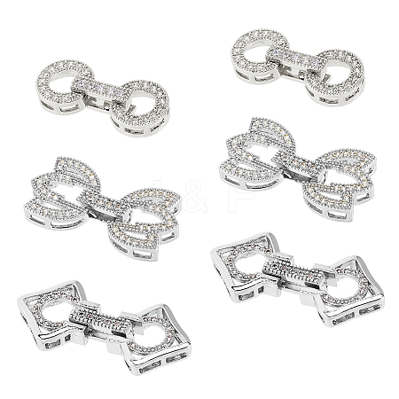 6Pcs 3 Styles Rack Plating Brass Micro Pave Clear Cubic Zirconia Fold Over Clasps KK-HS0001-02P-1