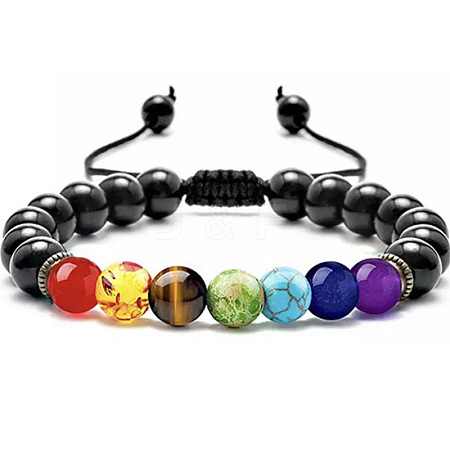 Adjustable Handstring Chakra Round Natural Obsidian Yoga Braided Bead Bracelets for Women Men LN5324-4-1