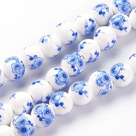 Handmade Flower Printed Porcelain Ceramic Beads Strands PORC-J006-A05-1