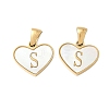 304 Stainless Steel Pave Natural White Shell Heart with Initial Slice Pendants STAS-R168-25G-S-1