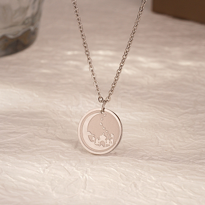 Ramadan & Eid Mubarak 304 Stainless Steel Flat Round Pendant Necklaces for Women ZN9111-1