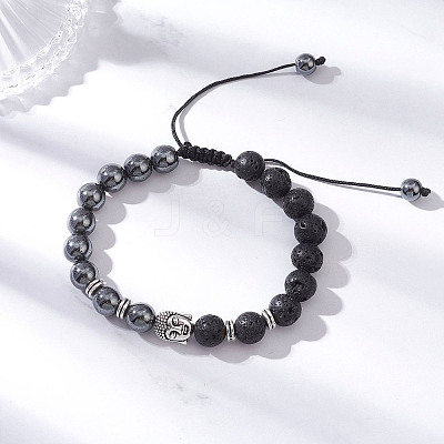 Non-Magnetic Synthetic Hematite & Natural Lava Rock Beads Braided Bead Bracelets BJEW-JB12611-01-1
