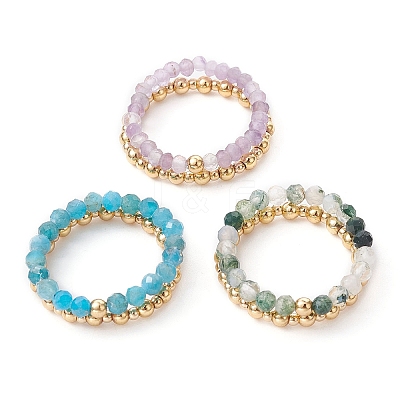3 Set 3 Style Natural Mixed Gemstone & Brass Round Beaded Stretch Rings Set RJEW-TA00088-1