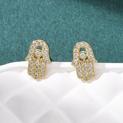 Hamsa Hand Brass Micro Pave Clear Cubic Zirconia Stud Earrings EJEW-H178-07G-1