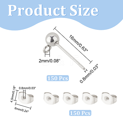 304 Stainless Steel Ball Post Stud Earring Findings STAS-UN0001-76P-1