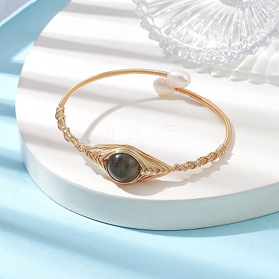 Natural Labradorite & Pearl Cuff Bangle BJEW-JB10119-03-1