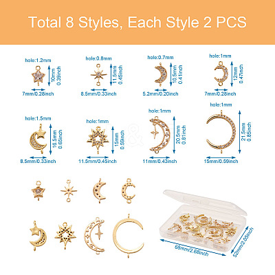 Kissitty 16Pcs 8 Style Brass Clear Cubic Zirconia Links Connectors ZIRC-KS0001-03-1
