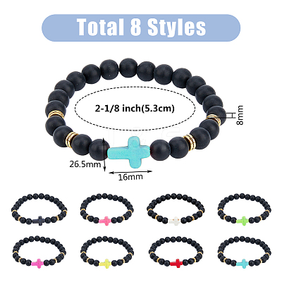 8Pcs 8 Colors Dyed Synthetic Turquoise Cross Beaded Stretch Bracelets Set BJEW-FI0001-27-1