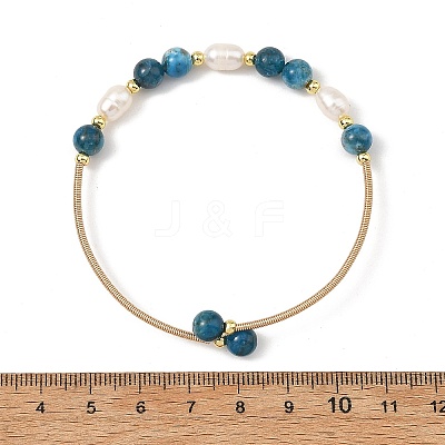 Natural Apatite Round and Rice Pearl Beaded Copper French Wire Cuff Bangles BJEW-JB14374-01-1