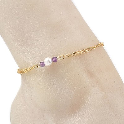 White Round Shell Pearl & Natural Mixed Stone Beads Anklets AJEW-AN00835-1