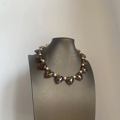 Leopard Print Acrylic Heart and Round Imitation Pearl Beaded Necklaces FS-WG140B1-01-1