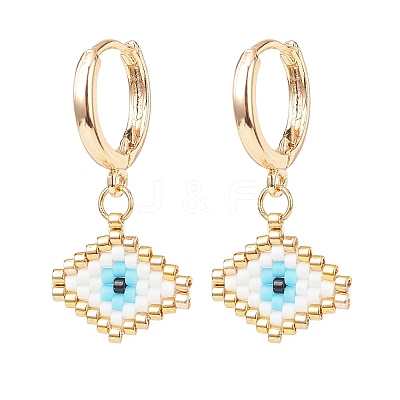 Japanese Seed Braided Rhombus with Evil Eye Dangle Hoop Earrings EJEW-MZ00002-01-1