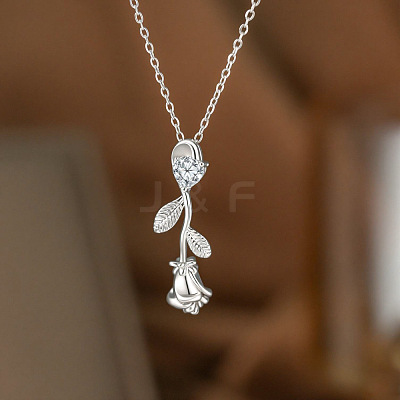 Valentine's Day Brass Pave Clear Cubic Zirconia Rose Flower Pendant 304 Stainless Steel Cable Chain Necklaces for Women WG1B5AB-01-1