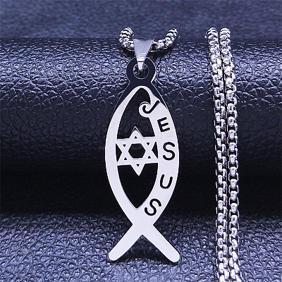 201 Stainless Steel Religion Jesus Fish Pendant Necklaces NJEW-H065-05P-1