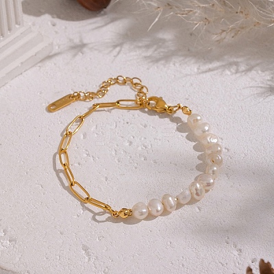 Natural Freshwater Pearl Beaded and 304 Stainless Steel Paperclip Chain Bracelets for Women IH6413-2-1