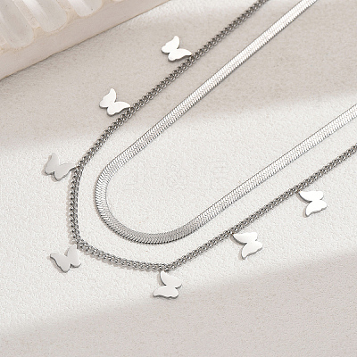201 Stainless Steel Double Layer Butterfly Tassel Necklaces for Women MM9715-1
