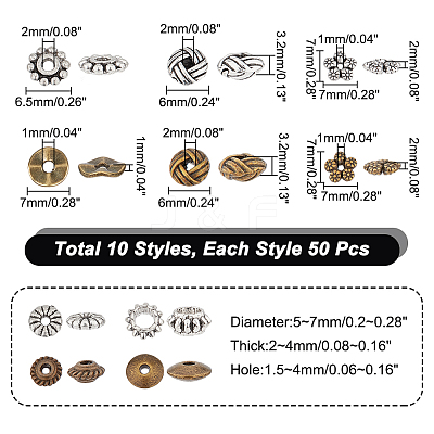 500Pcs 10 Style Tibetan Style Alloy Beads FIND-NB0003-75-1
