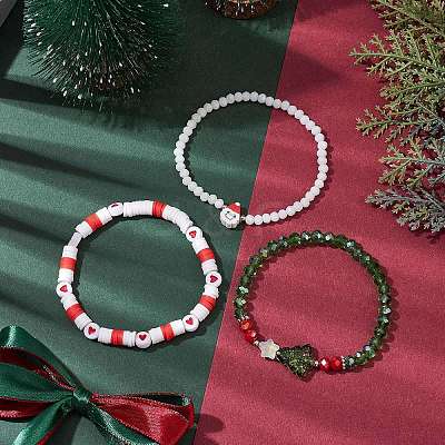 3Pcs 3 Styles Polymer Clay & Glass Beaded Stretch Bracelet Sets BJEW-JB10676-1