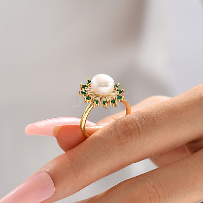 Brass Micro Pave Green Cubic Zirconia Flower Finger Ring KF3453-1-1