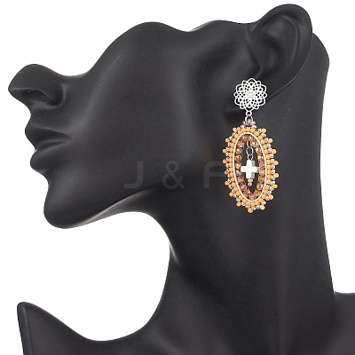 Cross Oval Glass Seed Bead Woven Stud Earrings EJEW-MZ00595-02-1