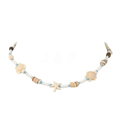 Summer Beach Dyed Synthetic Turquoise Starfish Turtle & Natural Shell & Glass Seed Beaded Necklaces for Women NJEW-JN06503-1