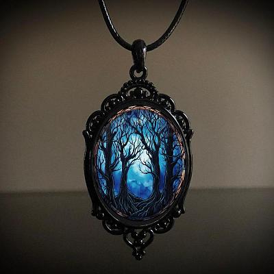 Oval Gothic Alloy Glass Halloween Pendant Necklaces for Women FS-WG73C21-07-1