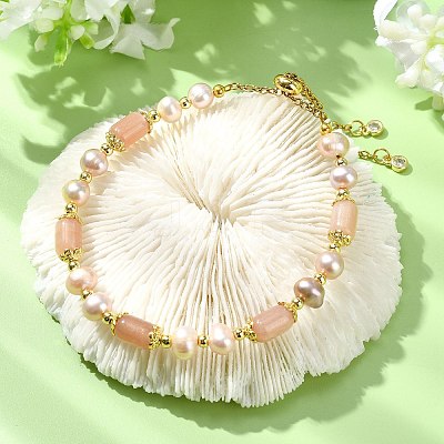 Adjustable Natural Sunstone & Cultured Freshwater Pearls Beads  Slider Bracelets for Women BJEW-JB14030-02-1