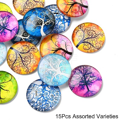 15Pcs Half Round with Tree Pattern Glass Flatback Cabochons for DIY Projects GGLA-YW0001-20-1