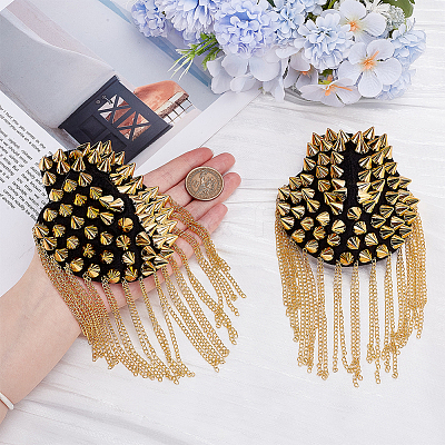 2Pcs Felt & CCB Plastic & Alloy & Iron Curb Chain Tassel Rivet Epaulettes AJEW-GA0010-65G-1